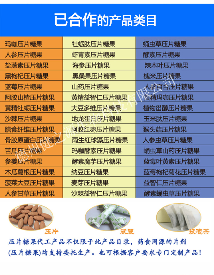 品名：黑枸杞壓片糖果  品級：SC食品級  規(guī)格：多種規(guī)格選擇，可按要求定制加工  配料表：工廠可根據(jù)客戶市場定位設(shè)計(jì)配方/調(diào)配相關(guān)成分，或者客戶自有配方，自有樣品  起訂量：30萬片。規(guī)格：0.25g-1g均可加工。  加工基本要求：個人業(yè)務(wù)、擁有合法注冊商標(biāo)、營業(yè)執(zhí)照及食品流通許可證的公司業(yè)務(wù) 